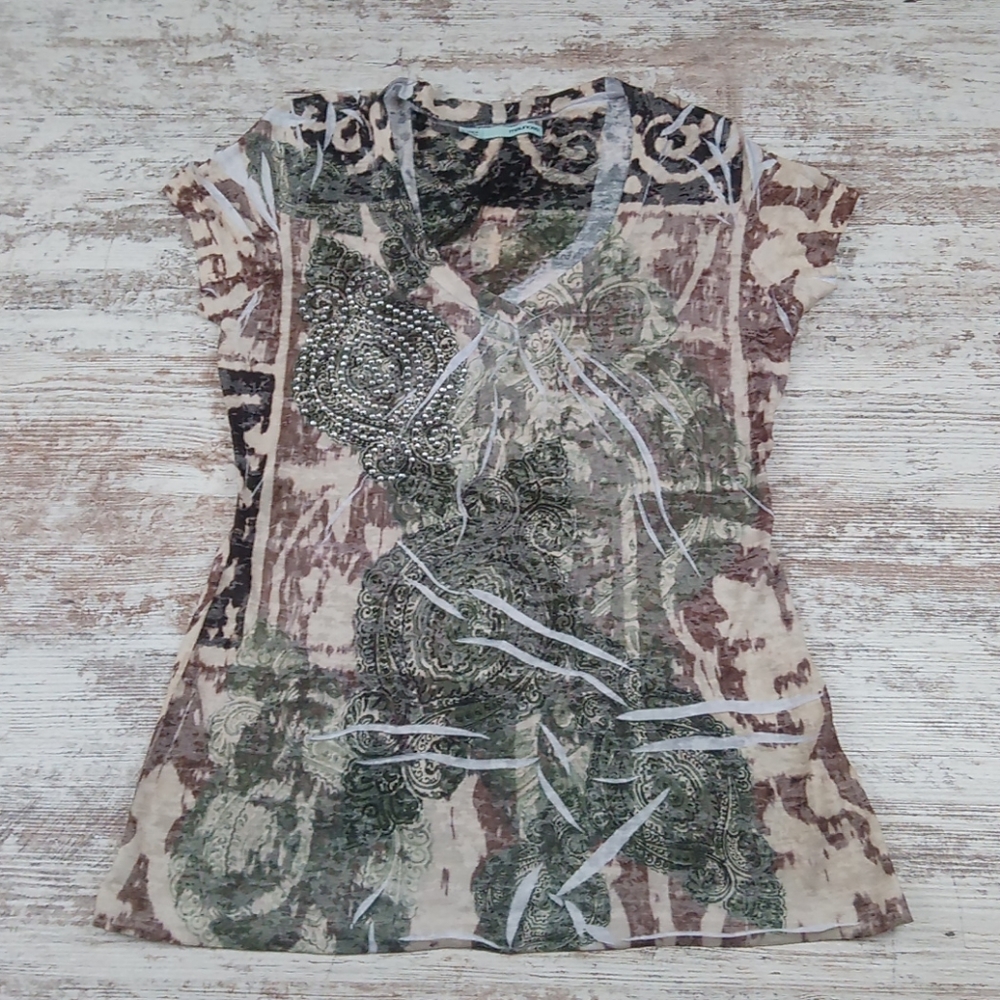 Boho Tie Dye V Neck Burnout Embellished Short Sleeve Blouse Top